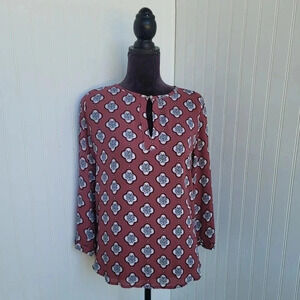 Loft Women's Pink White Geo Long Sleeve Popover Top Blouse Keyhole Sz S